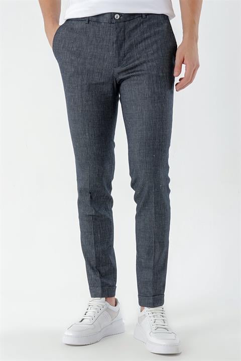 Мужские темно-синие брюки с эластичным боковым швом, slim fit, 45% полиэстер, 28% лен, 25% вискоза, застежка на пуговицу и молнию