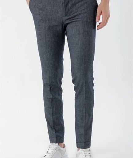 Мужские темно-синие брюки с эластичным боковым швом, slim fit, 45% полиэстер, 28% лен, 25% вискоза, застежка на пуговицу и молнию
