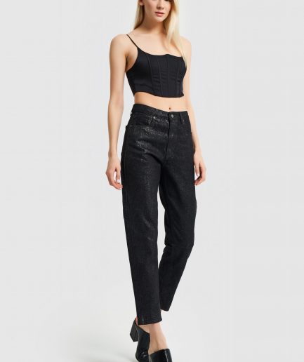 Женские черные джинсы Mom Fit с золотистыми блестками, 100% хлопок, без лайкры, стандартная длина, размеры 34 и 36