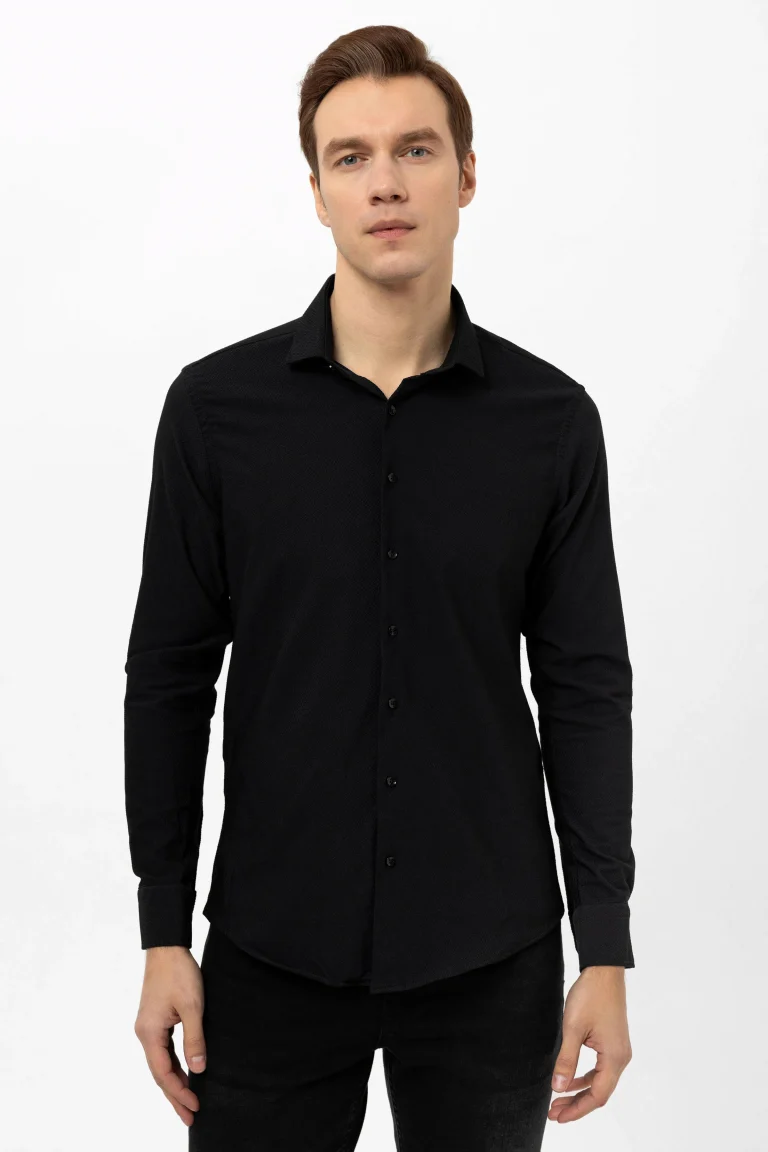 Синяя рубашка с классическим воротником, slim fit, из 65% хлопка, 30% полиэстера, 5% эластана, стиль business casual
