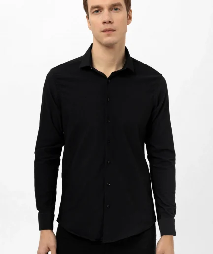 Синяя рубашка с классическим воротником, slim fit, из 65% хлопка, 30% полиэстера, 5% эластана, стиль business casual