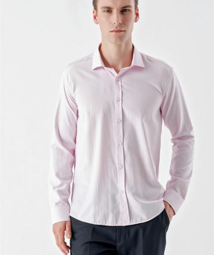 Мужская розовая рубашка с узором жаккард, итальянский воротник, Slim Fit, 60% хлопок, 40% полиэстер, без карманов, длинный рукав