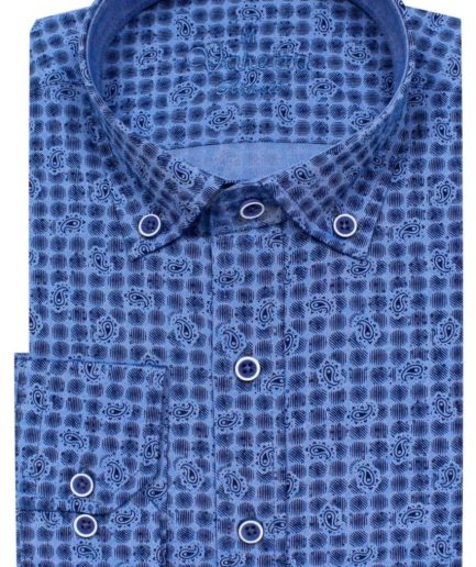 Мужская прямовязанная синяя рубашка с узором и длинными рукавами, slim fit