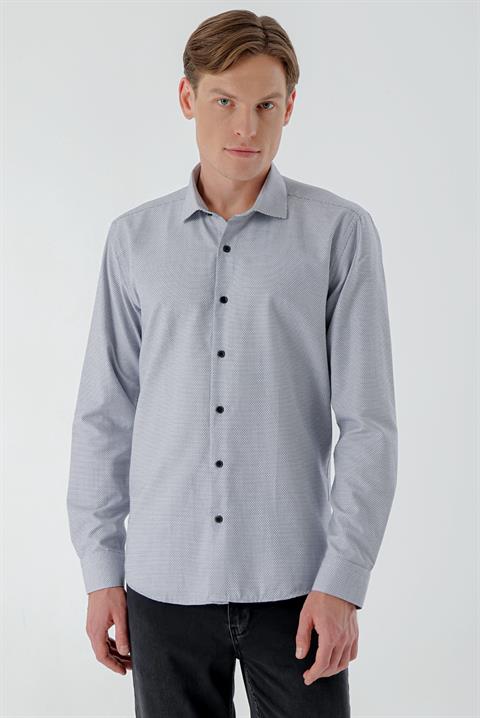 Мужская тёмно-синяя slim fit рубашка с узором, итальянский воротник, 63% хлопок, 37% полиэстер, без карманов, длиный рукав