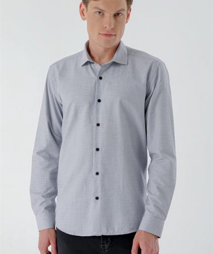 Мужская тёмно-синяя slim fit рубашка с узором, итальянский воротник, 63% хлопок, 37% полиэстер, без карманов, длиный рукав