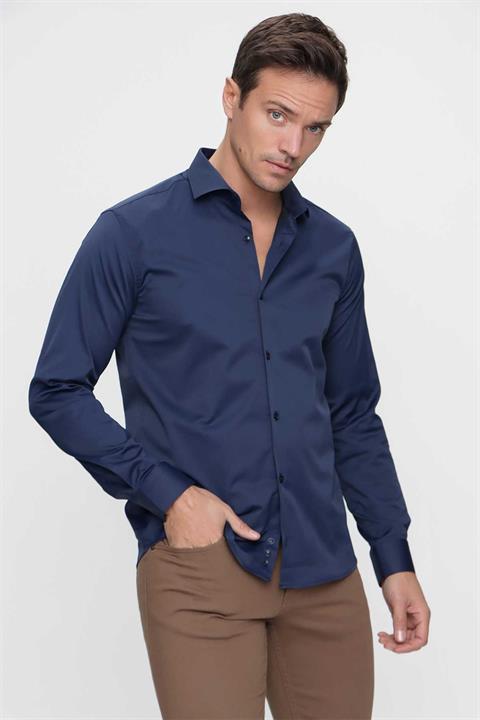 Мужская темно-синяя рубашка Slim Fit с классическим воротником и длинным рукавом, хлопково-полиэстеровая смесь, без карманов