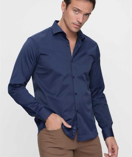 Мужская темно-синяя рубашка Slim Fit с классическим воротником и длинным рукавом, хлопково-полиэстеровая смесь, без карманов