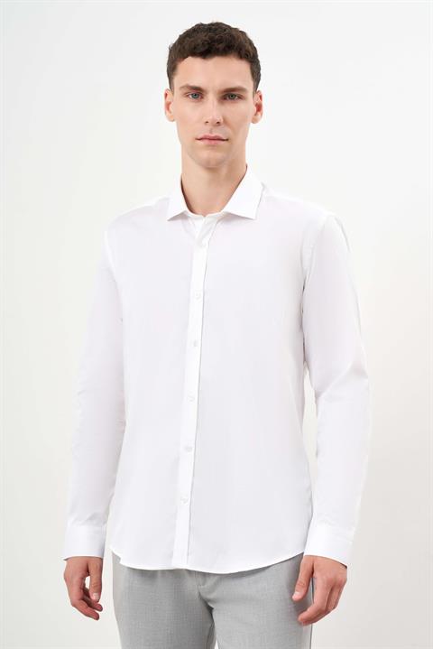 Мужская белая хлопковая рубашка с рисунком и итальянским воротником, Slim Fit, без карманов, длинный рукав, 100% хлопок