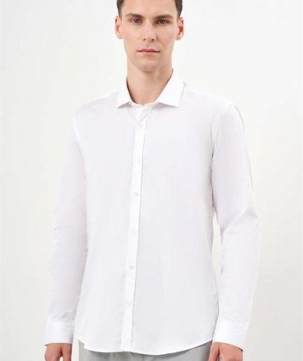 Мужская белая хлопковая рубашка с рисунком и итальянским воротником, Slim Fit, без карманов, длинный рукав, 100% хлопок