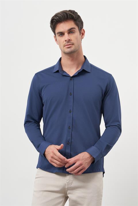 Мужская темно-синяя рубашка Slim Fit с итальянским воротником, 70% хлопка, 30% полиэстера, без карманов, длинный рукав
