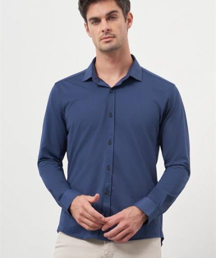 Мужская темно-синяя рубашка Slim Fit с итальянским воротником, 70% хлопка, 30% полиэстера, без карманов, длинный рукав