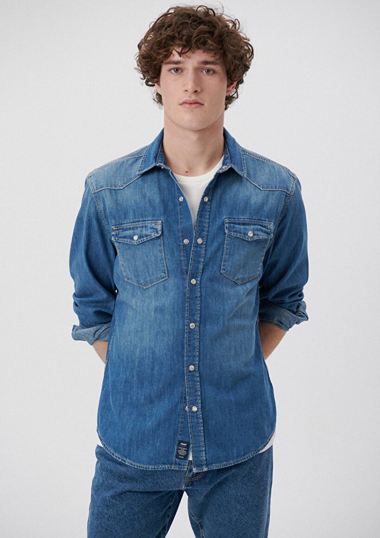 Рубашка MAVI Rio Casual индиго в винтажном стиле, длинный рукав, обтягивающий крой, без пуговиц, два кармана на кнопках, 100% хлопок, размер XS