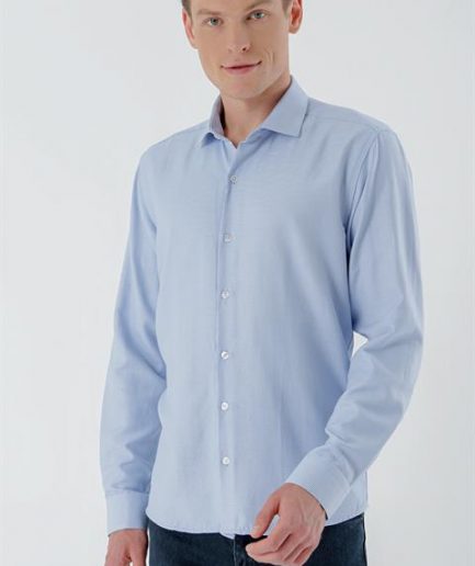 Мужская синяя рубашка с трендовым узором итальянского воротника slim fit