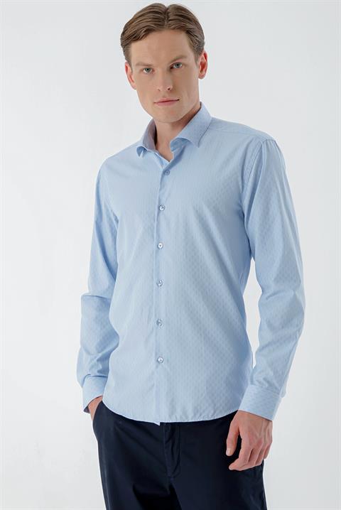 Мужская рубашка Morven A. MAVİ в стиле slim fit с итальянским воротником и полосками, 55% хлопок, 45% полиэстер, без карманов, длинный рукав