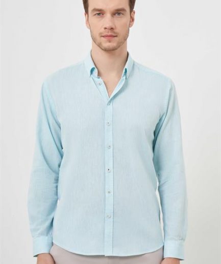 Мужская рубашка морской зелени из льна с кнопочным воротником Slim Fit