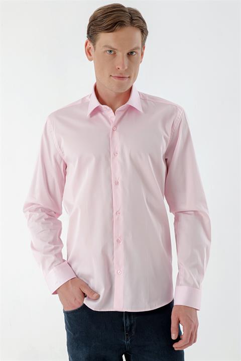 Розовая мужская рубашка из 100% хлопка, slim fit, без карманов, длинный рукав, классический воротник