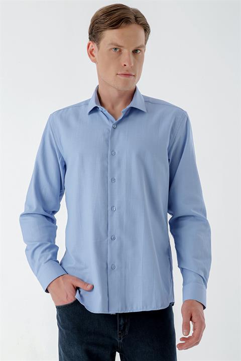Мужская синяя рубашка slim fit с итальянским воротником и принтом
