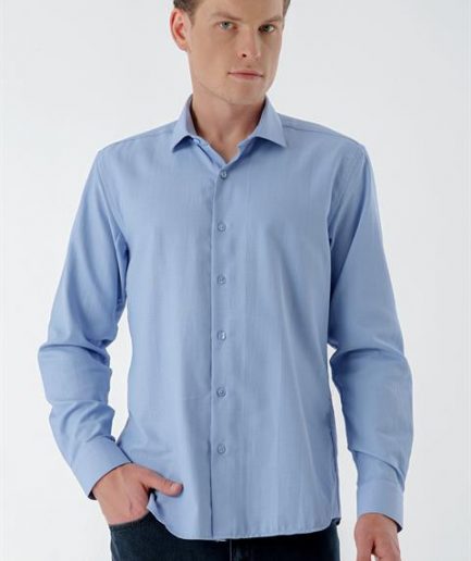 Мужская синяя рубашка slim fit с итальянским воротником и принтом