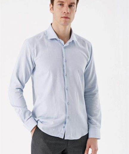 Мужская голубая мини-оксфордская рубашка Slim Fit из 100% хлопка без карманов с длинным рукавом и пуговичной застежкой