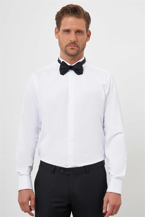 Мужская белая рубашка с манжетами и стоячим воротником Slim Fit