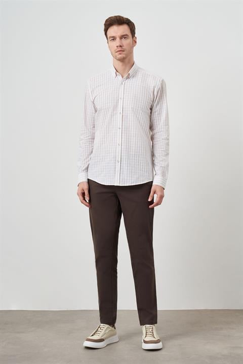 Мужская рубашка Morven бежевого цвета с полосками, пуговичный воротник, slim fit, 100% хлопок, без карманов, длинный рукав