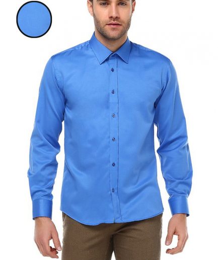 Мужская темно-синяя однотонная рубашка с длинным рукавом slim fit
