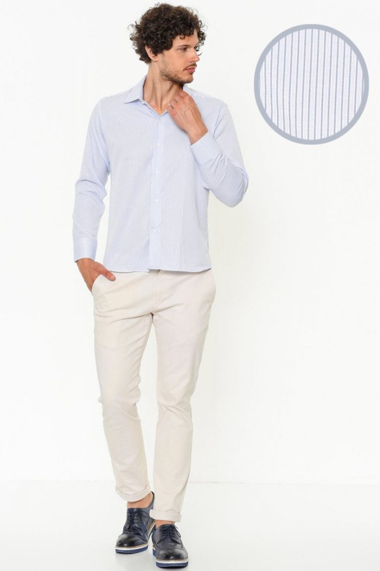 Мужская рубашка с длинным рукавом Slim Fit в светло-синем цвете с одним карманом