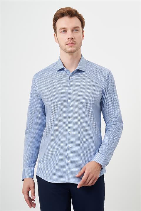 Мужская синяя хлопковая рубашка с принтом, итальянский воротник, slim fit, 100% хлопок, длинный рукав, без карманов