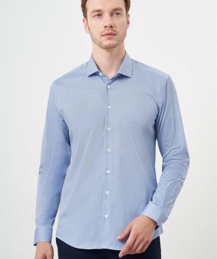 Мужская синяя хлопковая рубашка с принтом, итальянский воротник, slim fit, 100% хлопок, длинный рукав, без карманов