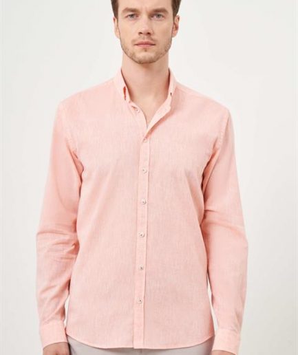 Мужская оранжевая лениваная рубашка с пуговками, Slim Fit, без карманов, 70% хлопок, 30% лен, длинные рукава