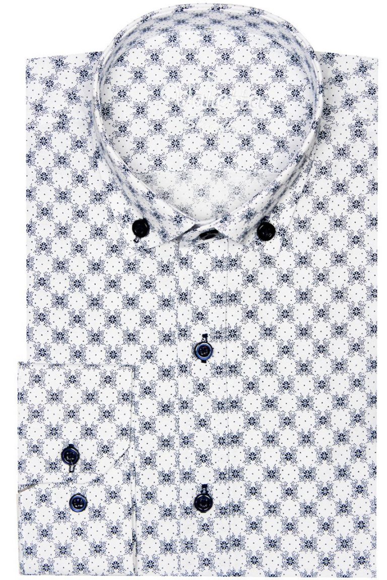 Мужская рубашка slim fit белая с отложным воротником и узором