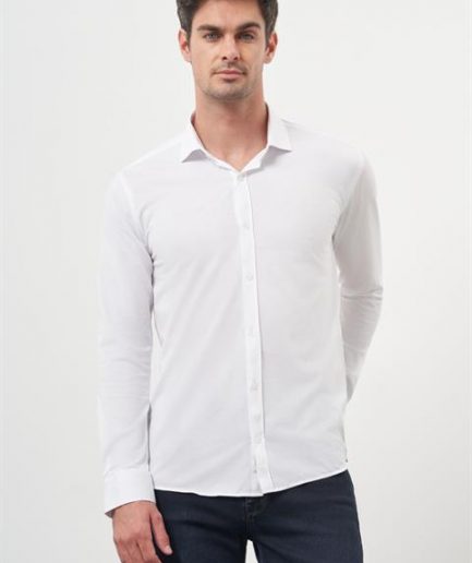 Мужская белая рубашка с итальянским воротником, Slim Fit, 70% хлопок, 30% полиэстер, без карманов, длинный рукав