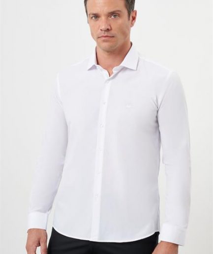 Мужская белая рубашка Basic Slim Fit с итальянским воротником и прямым дизайном из 65% полиэстера и 35% хлопка