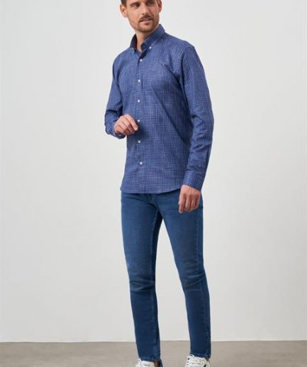 Мужская синяя хлопковая рубашка с принтом, с на воротнике, slim fit, без карманов, длинный рукав, без подкладки, без разрезов