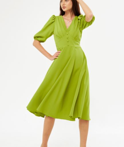 Элегантное платье миди с воздушными рукавами, V-образным вырезом, корсажем и кнопками, цвет фисташковый, комбинированная ткань