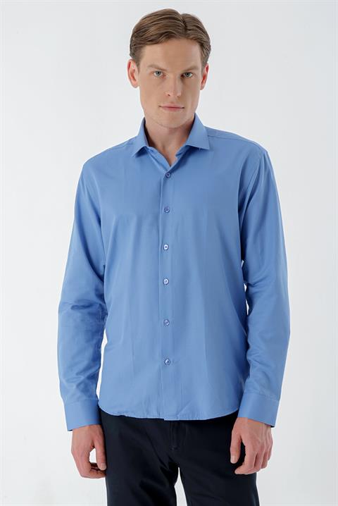Мужская slim fit рубашка Morven голубого цвета с узором, итальянским воротником, без карманов, 60% хлопок, 40% полиэстер