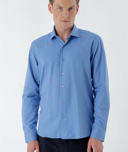 Мужская slim fit рубашка Morven голубого цвета с узором, итальянским воротником, без карманов, 60% хлопок, 40% полиэстер