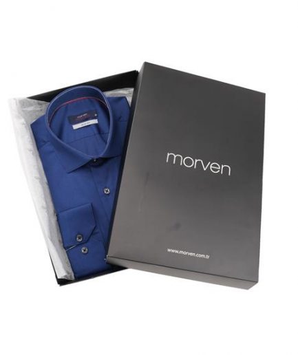 Темно-синий мужская рубашка slim fit с жестким воротником, без карманов, легкая в глажке, в подарочной упаковке