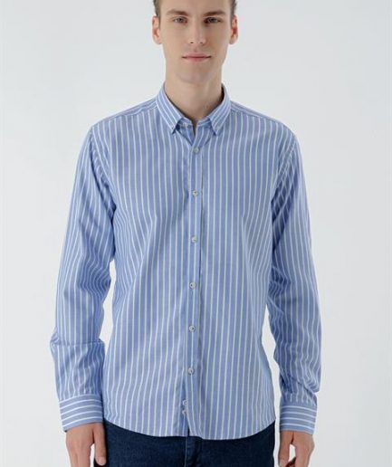 Мужская синяя рубашка с полоской, воротник на пуговках, slim fit, 100% хлопок, длинный рукав, без подкладки, без разрезов