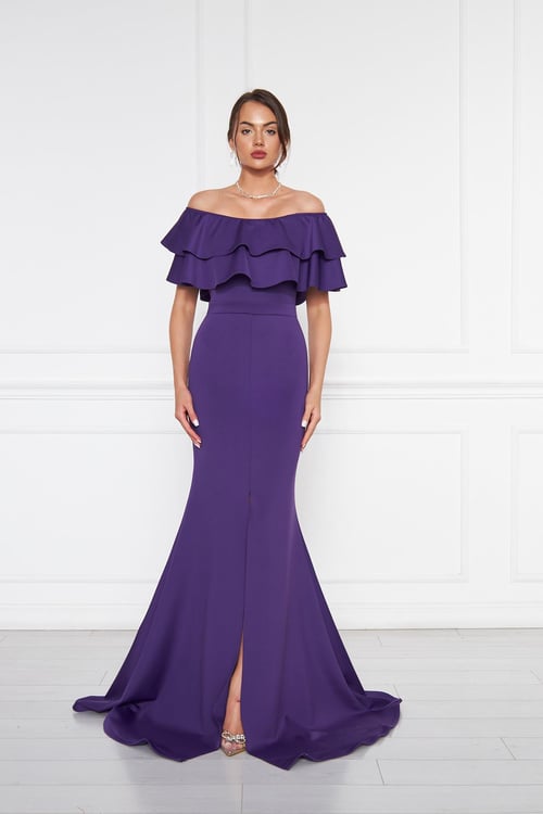 Женское макси-платье с вырезом Кармен, эластичная ткань, низкие плечи, фиолетовое, размер от 34 до 54, идеальный выбор для торжеств
