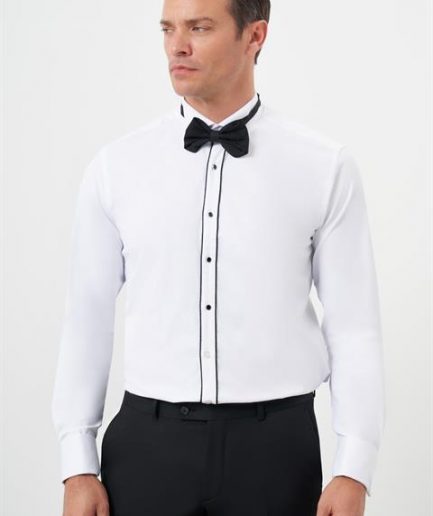Мужская черная рубашка с воротником-стойкой, slim fit, 57% хлопок, 40% полиэстер, 3% ликра, длинные рукава, модель L