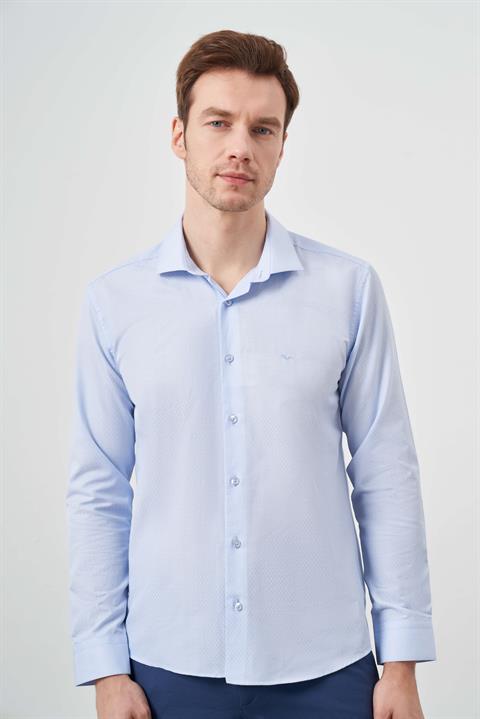 Мужская синяя рубашка с узором Slim Fit из 60% хлопка и 40% полиэстера с длинным рукавом и итальянским воротником