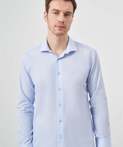 Мужская синяя рубашка с узором Slim Fit из 60% хлопка и 40% полиэстера с длинным рукавом и итальянским воротником