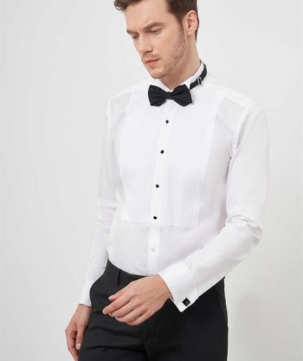 Мужская белая рубашка с plisе в стиле slim fit и воротником-стойкой из 100% хлопка
