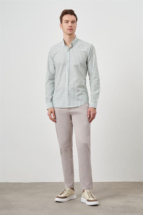 Мужская зеленая полосатая рубашка с воротником на пуговицах, Slim Fit, 100% хлопок без карманов