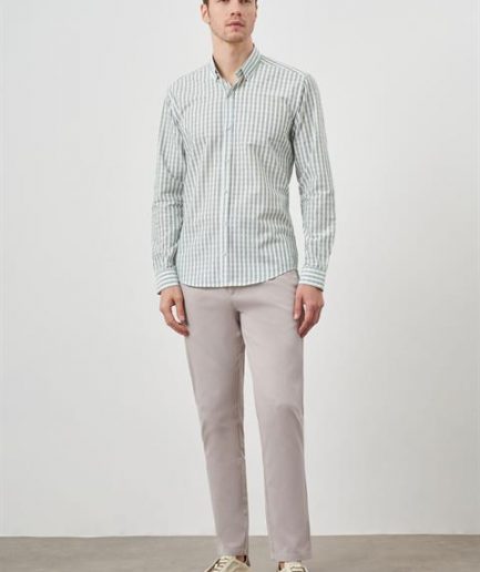 Мужская зеленая полосатая рубашка с воротником на пуговицах, Slim Fit, 100% хлопок без карманов