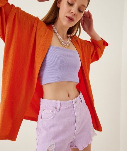 Женская оранжевая куртка с открытым передом и текстурированным воротником, легкая и стильная, размер 36, из полиэстера с ликрой
