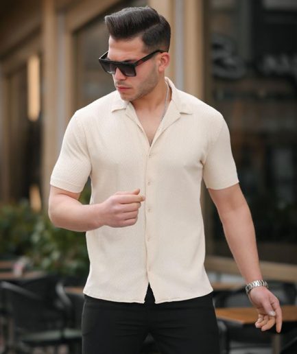 Премиум короткая рубашка с рисунком — Бежевый, комфортный крой, 87% хлопок, 13% эластан, дышащая ткань, идеальна для ежедневной носки