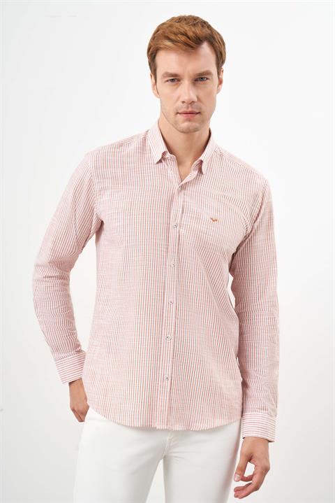 Мужская оранжевая полосатая рубашка slim fit с итальянским воротником, 100% хлопок, длинный рукав, модель L, кнопочная застежка