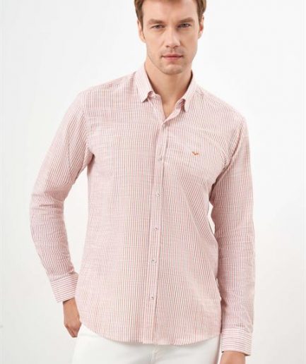 Мужская оранжевая полосатая рубашка slim fit с итальянским воротником, 100% хлопок, длинный рукав, модель L, кнопочная застежка